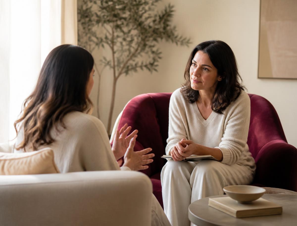 Illustratie van een warm gesprek tussen coach en coachee in twee fauteuils
